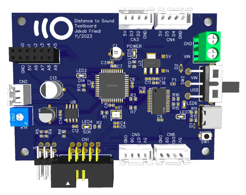 3D render of an ATmega board silkscreened Distance to Sound, with four ultrasonic sensor connectors and a USB-C port